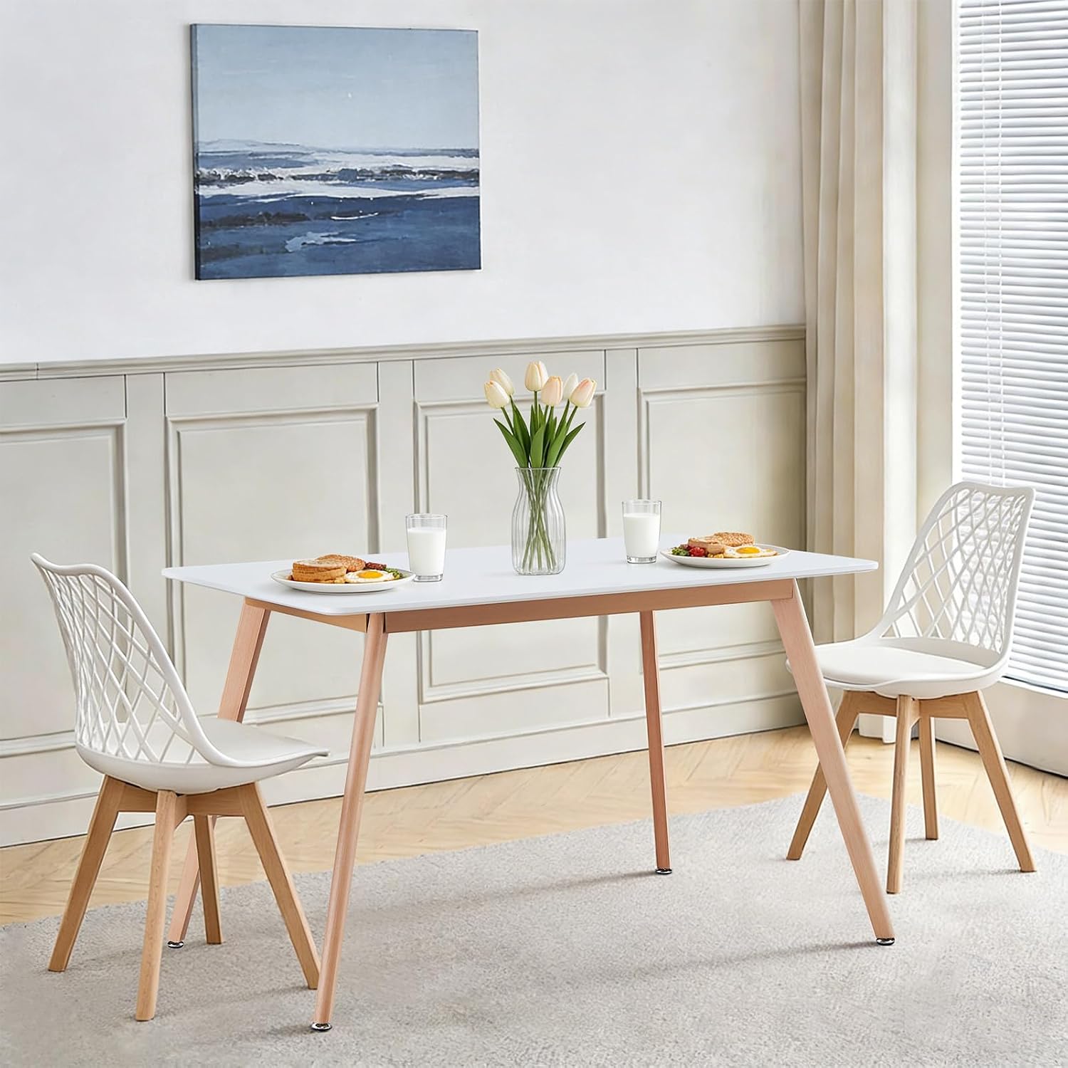 47.2" Rectangular Dining Table Wood Legs for 4-6 White | Mid century Modern Table for Small Living Room, Kitchen, Apartment, Easy Assembly
