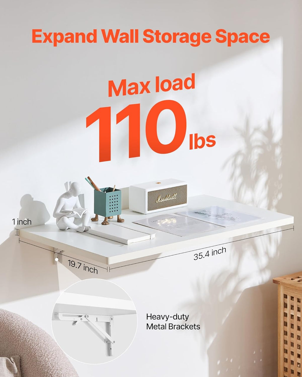 VEVOR Wall Mounted Folding Table, 35.4 x 19.7 inches Wall Mount Table, Floating Desk with Iron Bracket for Small Spaces, Home Office, Dining, Laundry Room, Kitchen, Bar, White