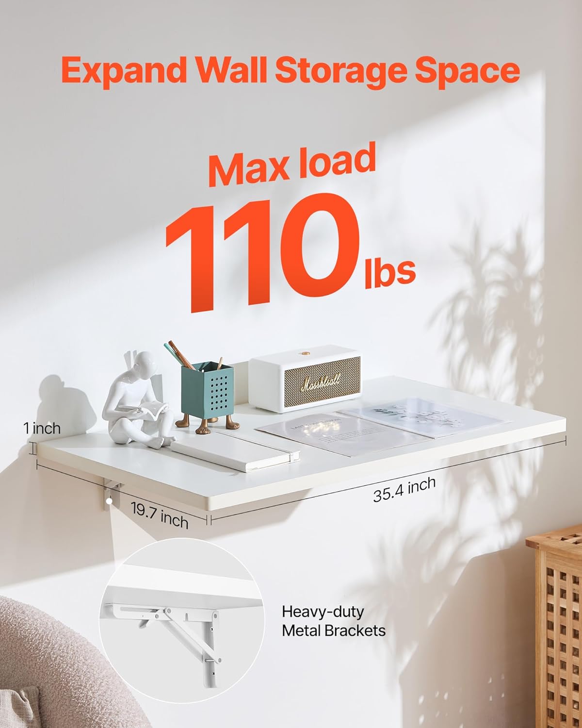 VEVOR Wall Mounted Folding Table, 35.4 x 19.7 inches Wall Mount Table, Floating Desk with Iron Bracket for Small Spaces, Home Office, Dining, Laundry Room, Kitchen, Bar, White