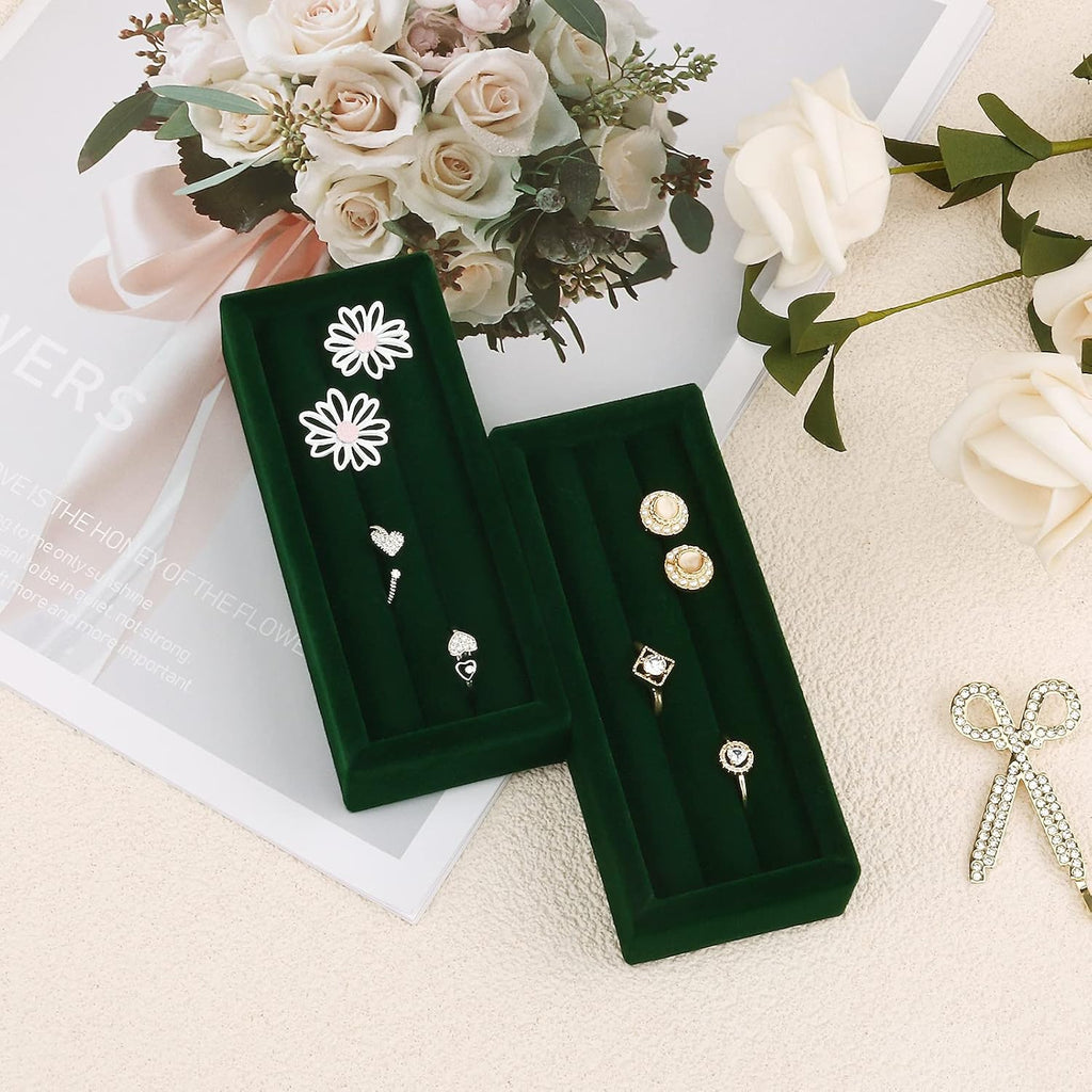Small Jewelry Tray-Ring Organizer 2PCS Premium Velvet Rings Earrings Display Tray Storage Insert Holder for Jewelry Box, Drawer, Dresser (3 Slots, Green)