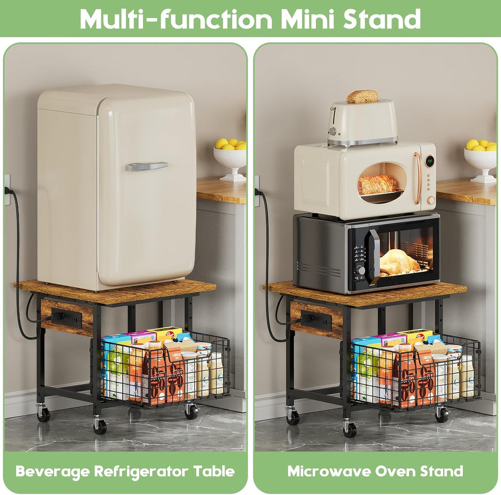 Hongtamoya Mini Fridge Stand with Storage and Power Outlet, Small Refrigerator Stand with Wheels, Mini Fridge Cart-Max Load 300 LBS Heavy Microwave Printer Stand Utility Cart for Dorm,Kitchen, Office
