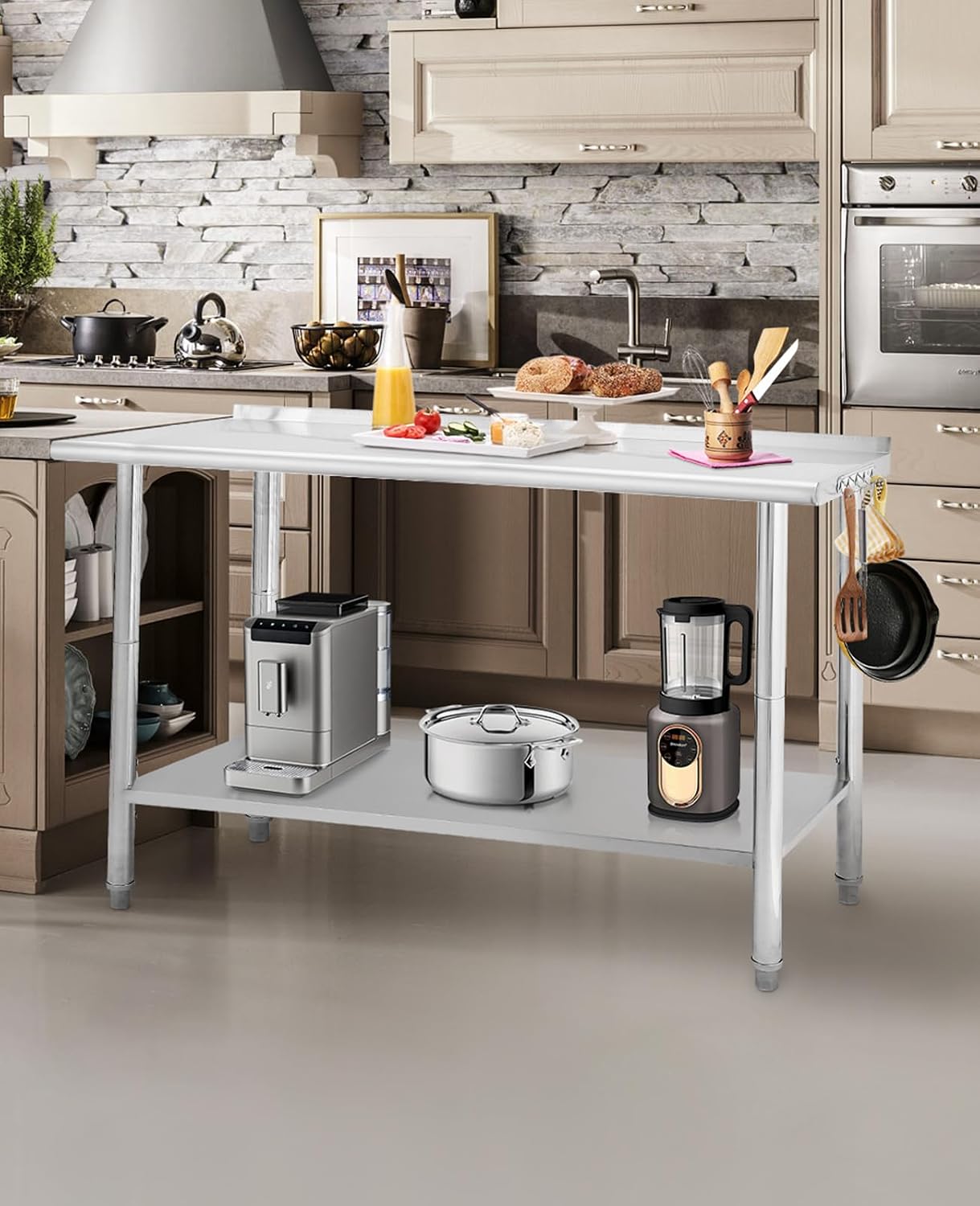 GarveeTech 60 in x 24 in Stainless Steel Prep Table, NSF Metal Work Table with Backsplash, Adjustable Undershelf, 5 Hooks, Heavy Duty Workbench Workstation for Home Kitchen Restaurant