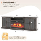 98" Farmhouse TV Stand with 36" Fireplace for TVs up to 100", Media Entertainment Center with Adjustable Shelves and Large Storage Cabinets, for Living Room, Gray & Black