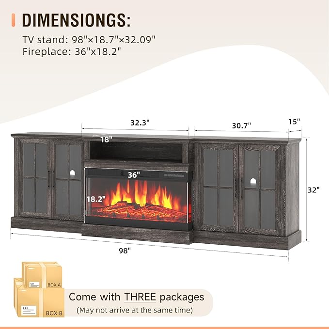 98" Farmhouse TV Stand with 36" Fireplace for TVs up to 100", Media Entertainment Center with Adjustable Shelves and Large Storage Cabinets, for Living Room, Gray & Black
