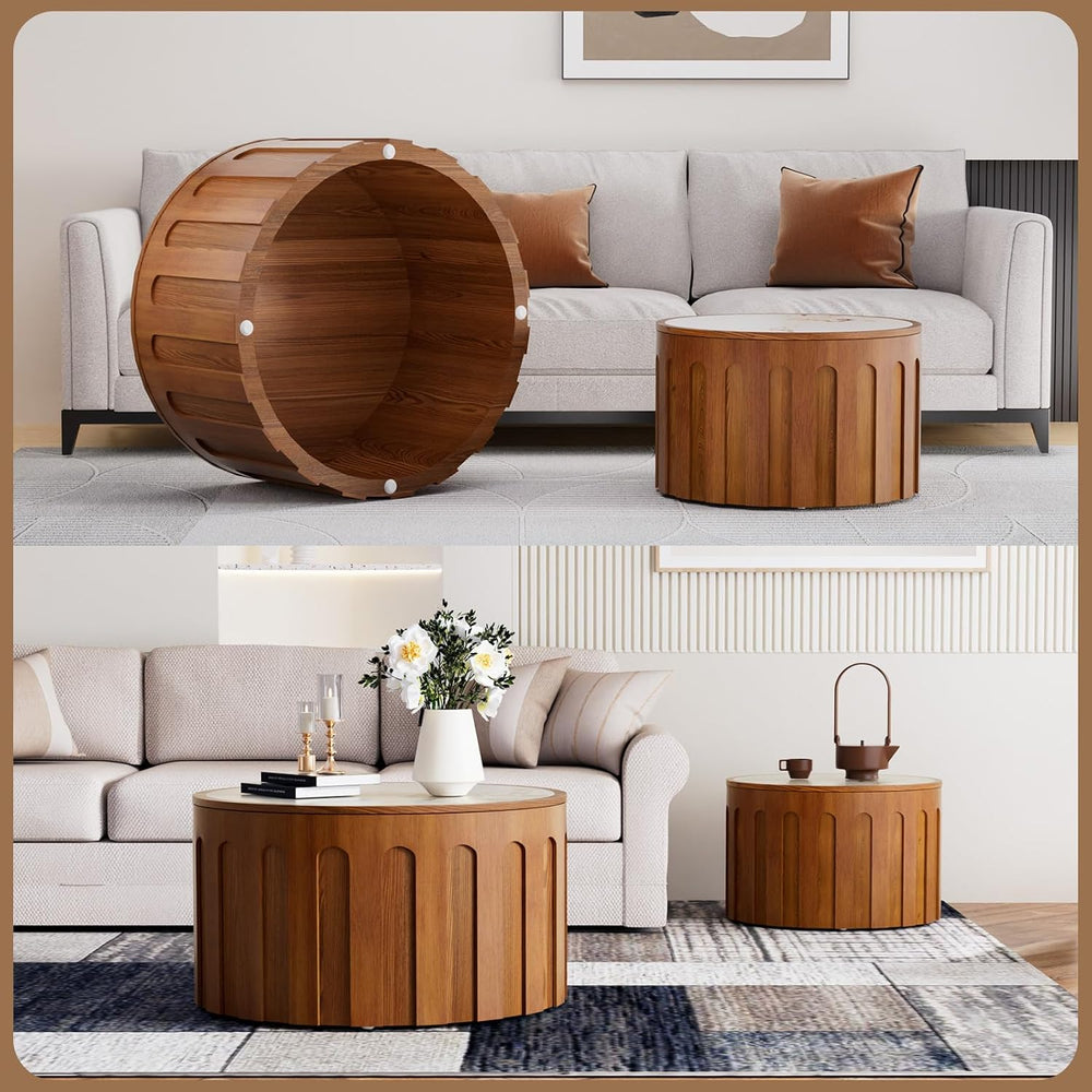 Modern Fluted Nesting Coffee Table Set of 2 | 26.4 in & 19.7 in Round Dru...