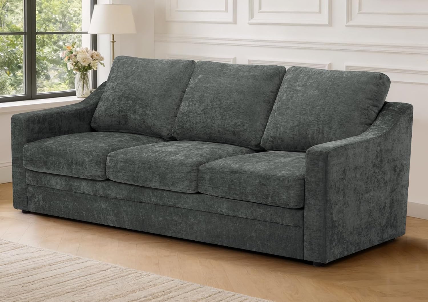 83” Chenille 3 Seats Sofa w/Comfortable Back Cushions, Grey | Modern Couch w/Deep Seat Space, Upholstered 8 Seater Sofa w/High Resiliency Foam for Living Room