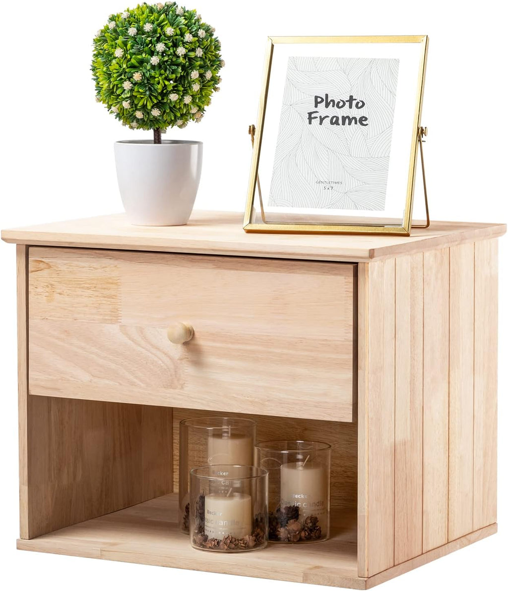 VINGLI Unfinished Natural Solid Wood Floating Nightstand for Bedroom, Small Nightstand with Drawer/Shelf, Farmhouse Night Stand Wall-Mounted Nightstand/Bedside Table for Small Space Color DIY