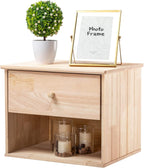 VINGLI Unfinished Natural Solid Wood Floating Nightstand for Bedroom, Small Nightstand with Drawer/Shelf, Farmhouse Night Stand Wall-Mounted Nightstand/Bedside Table for Small Space Color DIY