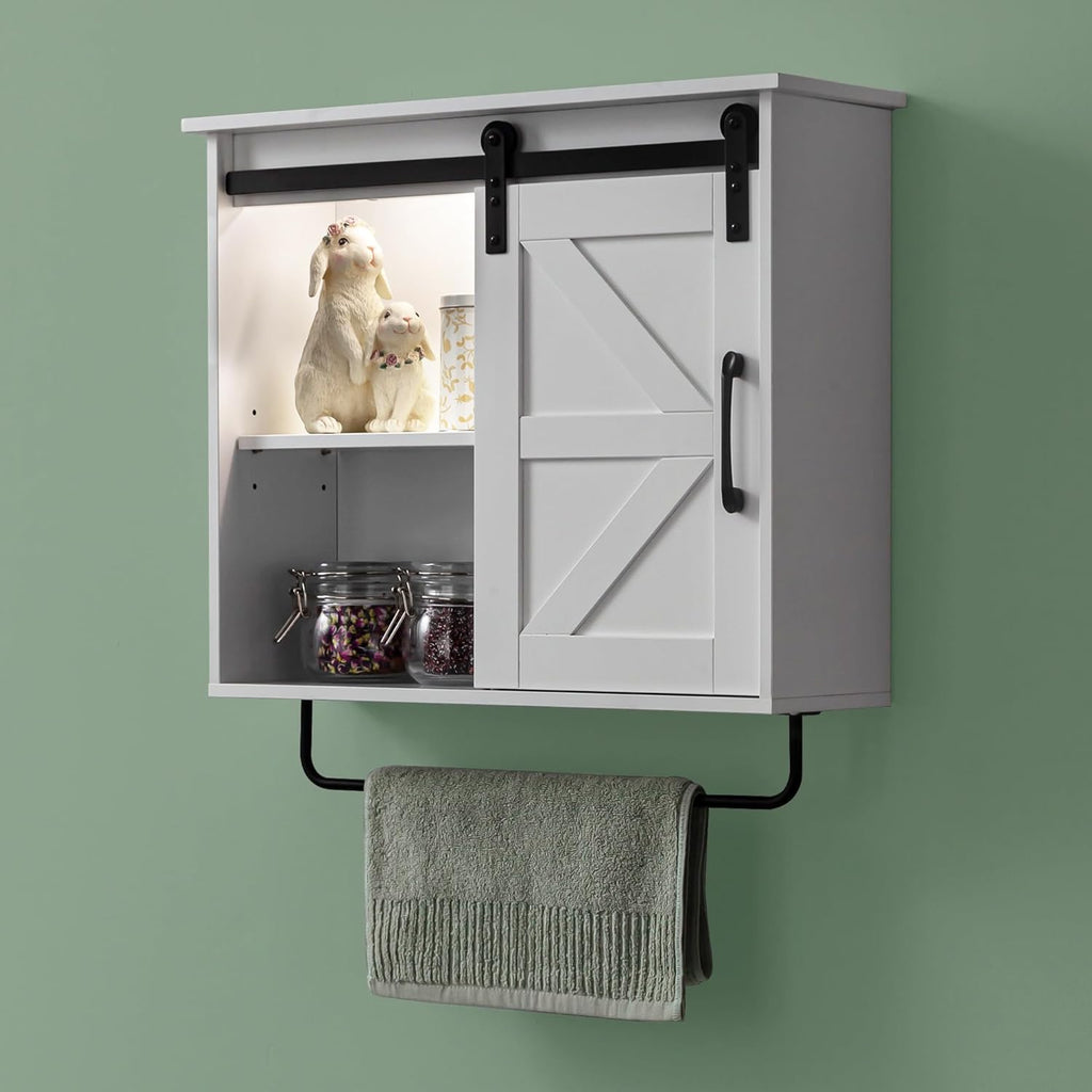 Bathroom Wall Cabinet Over Toilet Sliding Door 23x19 Inch Farmhouse Medicine Cabinet with Towel Bar Motion Sensor Light Adjustable Shelves White Above Toilet Storage for Laundry or Kitchen