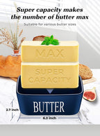 Butter Dish with Lid: Large Butter Container for Countertop - Ceramic Butter Holder for Counter - Butter Tray Butter Keeper with Knife and Sponge Scrubber - Perfect for 2 Sticks of Butter Blue