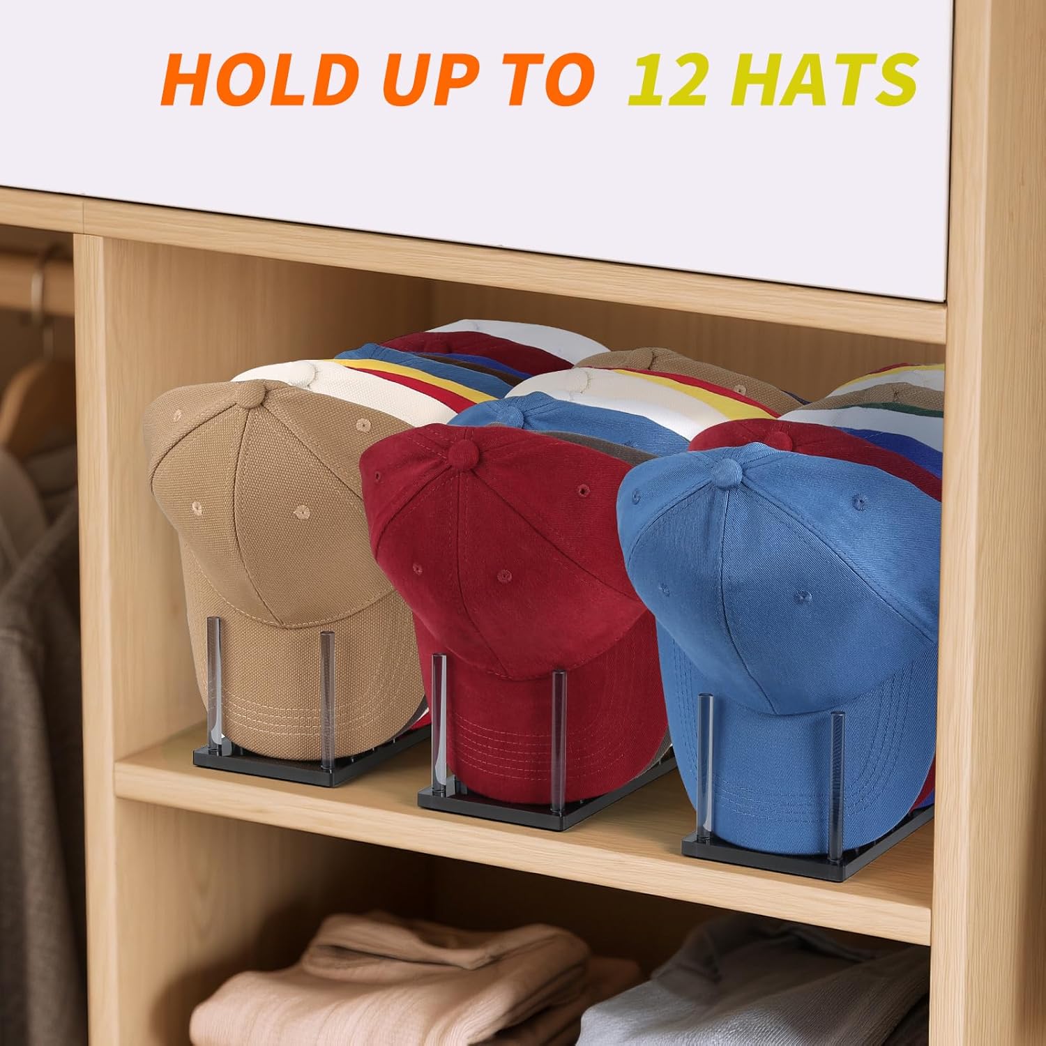 Kadolina Hat Organizer for Baseball Caps, Acrylic Hat Rack for 12 Baseball Caps, Hat Holder Display and Organizer for Closet, Tabletop, Dressing Table (Transparent Black)
