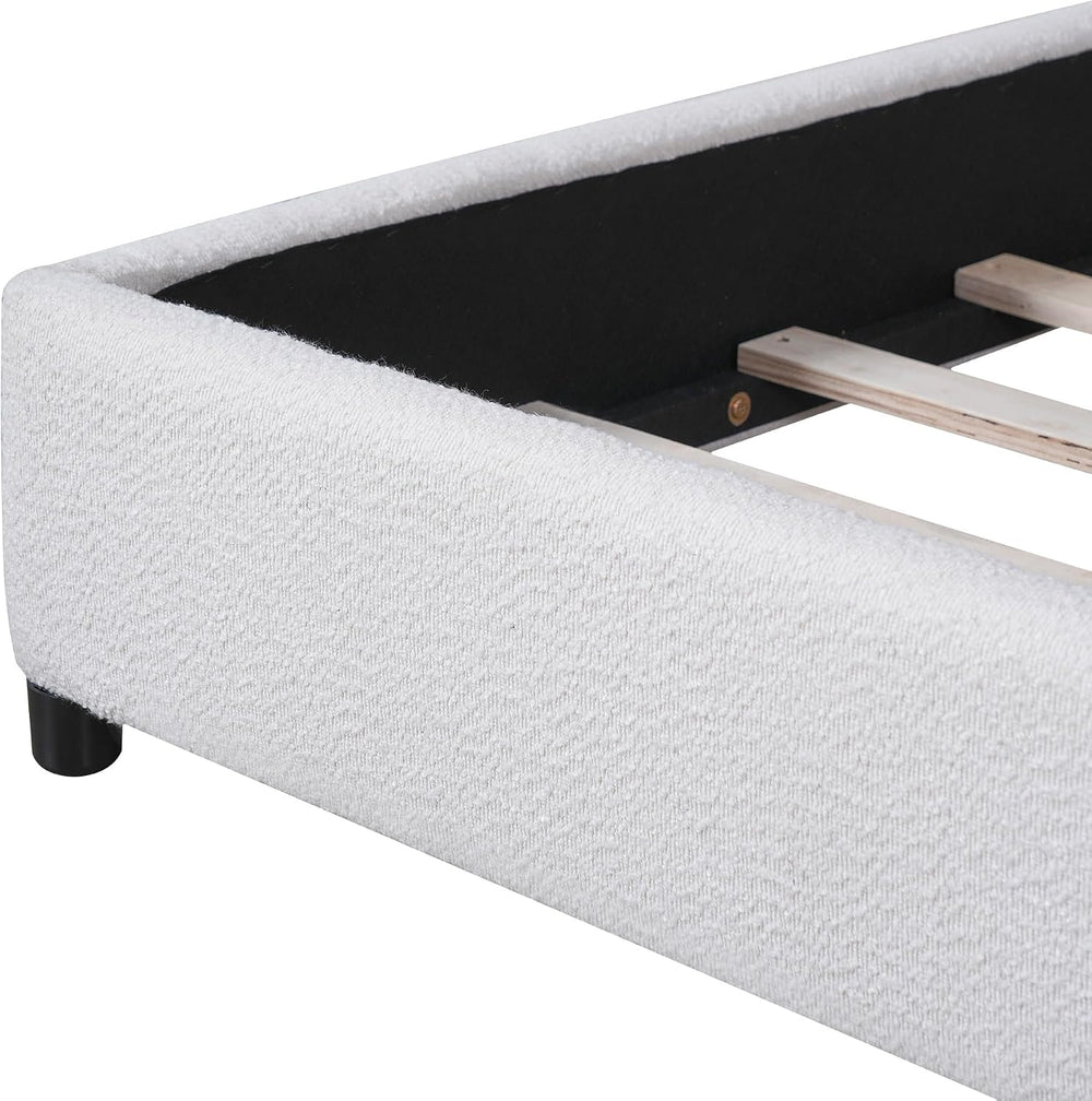 Peanu Queen Bed Frame, Boucle Upholstered Curved Headboard, White