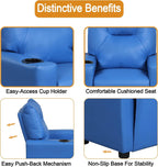 Kids Recliner Chair w/ Cup Holder, Toddler Recliner Chair Ages 1-4, 2-in-1 PU Leather Single Sofa for Boys/Girls, Kids Lazy Boy Chairs, Upholstered Armchair, Adjustable Backrest & Footrest (Blue-NEW)