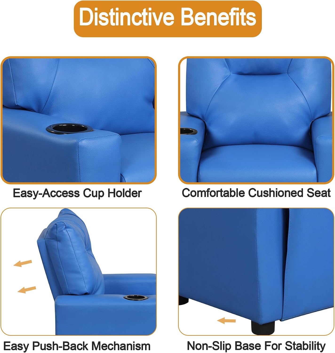 Kids Recliner Chair w/ Cup Holder, Toddler Recliner Chair Ages 1-4, 2-in-1 PU Leather Single Sofa for Boys/Girls, Kids Lazy Boy Chairs, Upholstered Armchair, Adjustable Backrest & Footrest (Blue-NEW)