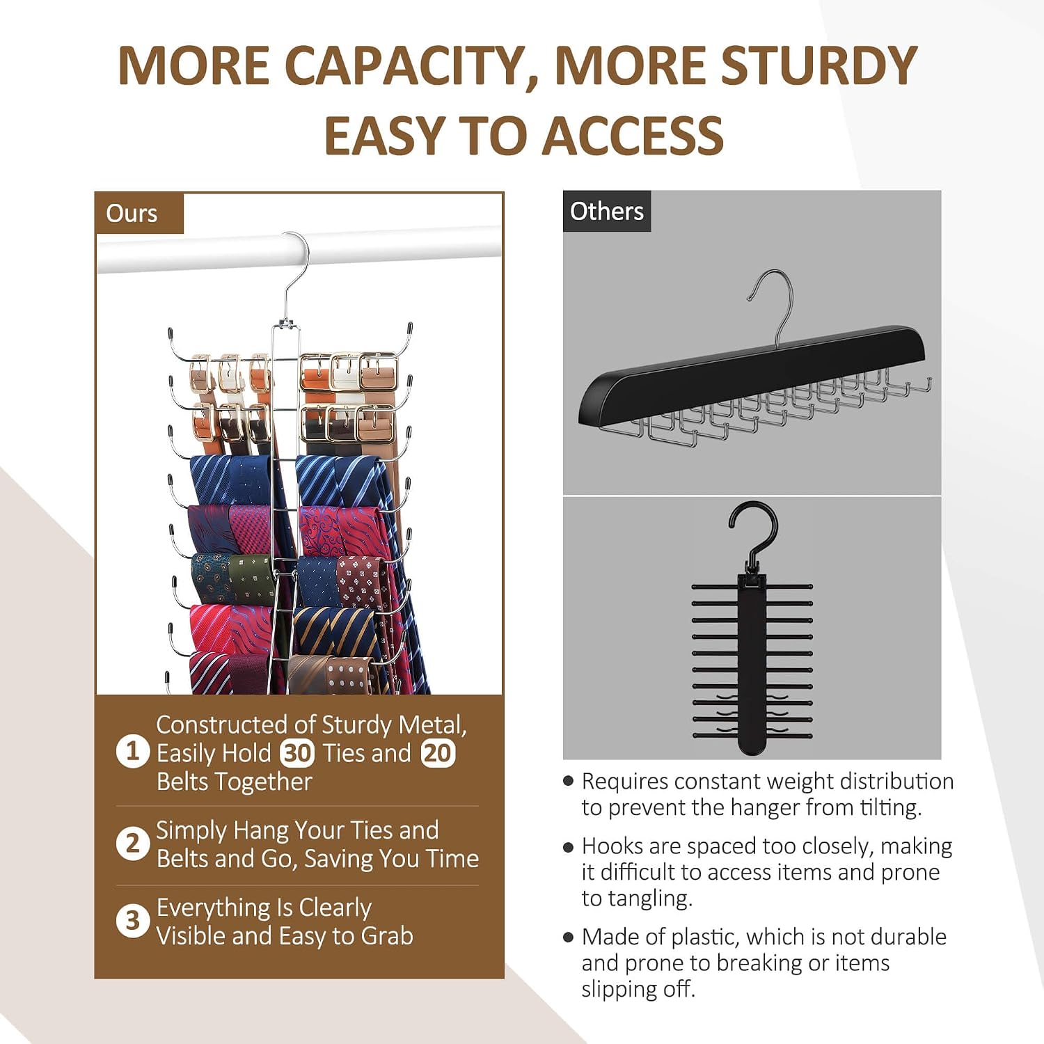ZEDODIER Tie Rack Belt Hanger for Closet, 2 in 1 Tie Hanger Belt Organizer with Max 40 Capacity, Heavy Duty Space Saving Closet Organizers and Storage, Silver