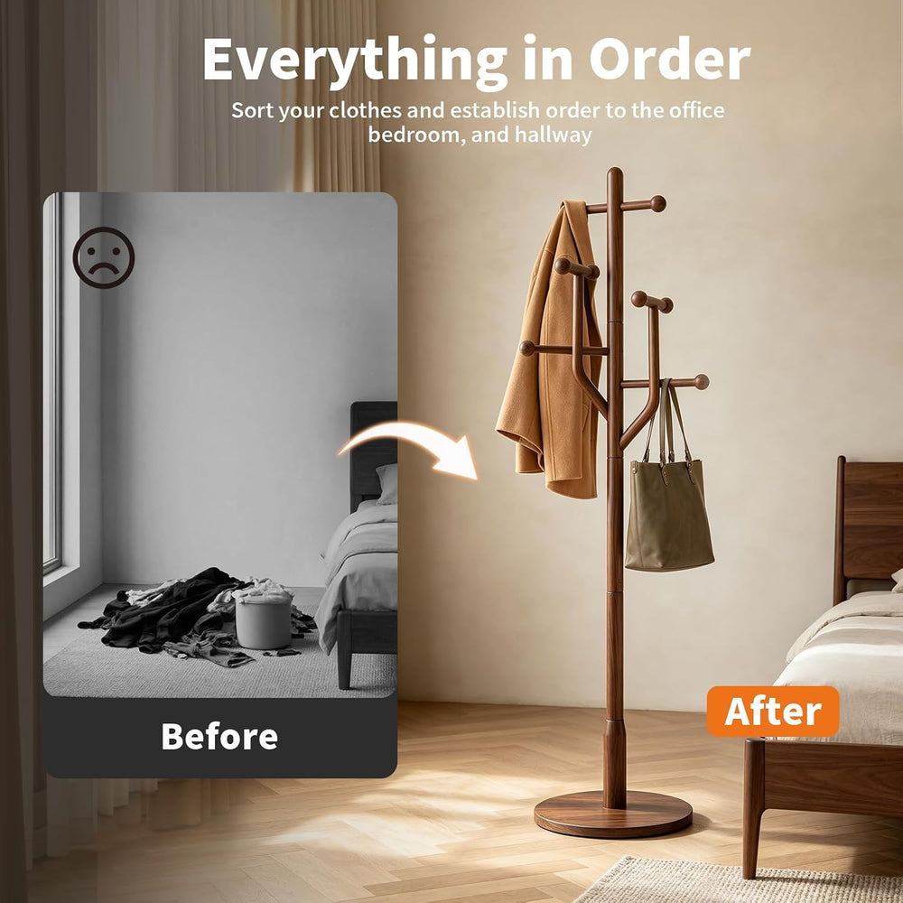 Solid Wood Coat Rack Freestanding Coat Tree Rack with 8 Hooks, Creative Styli...