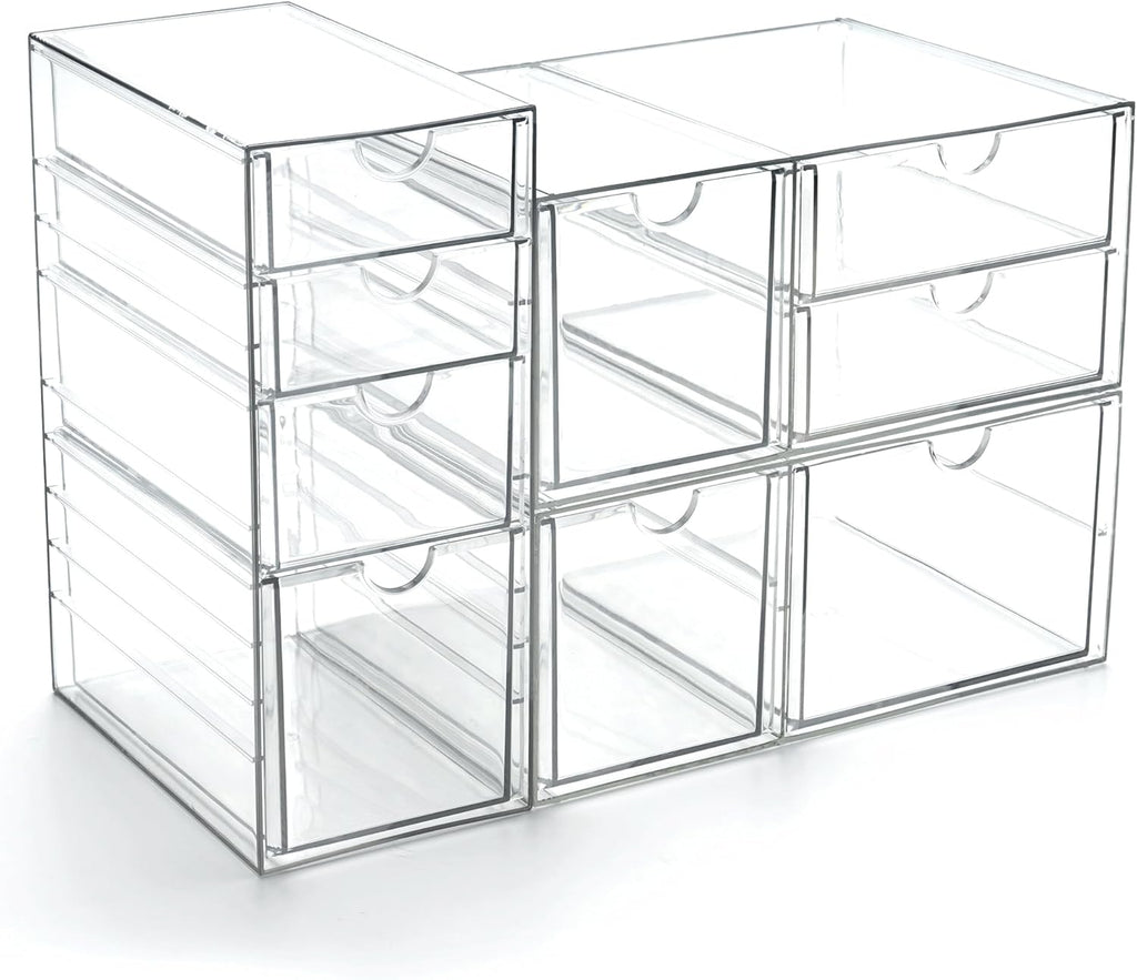 Prsildan Acrylic Drawer Makeup Organizer with 9 Drawers, Set of 3 Office Desk Organizers Accessories, Clear Stackable Storage Drawers for Vanity, Countertop, Craft, Jewelry, Art Supply Organization