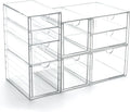 Prsildan Acrylic Drawer Makeup Organizer with 9 Drawers, Set of 3 Office Desk Organizers Accessories, Clear Stackable Storage Drawers for Vanity, Countertop, Craft, Jewelry, Art Supply Organization