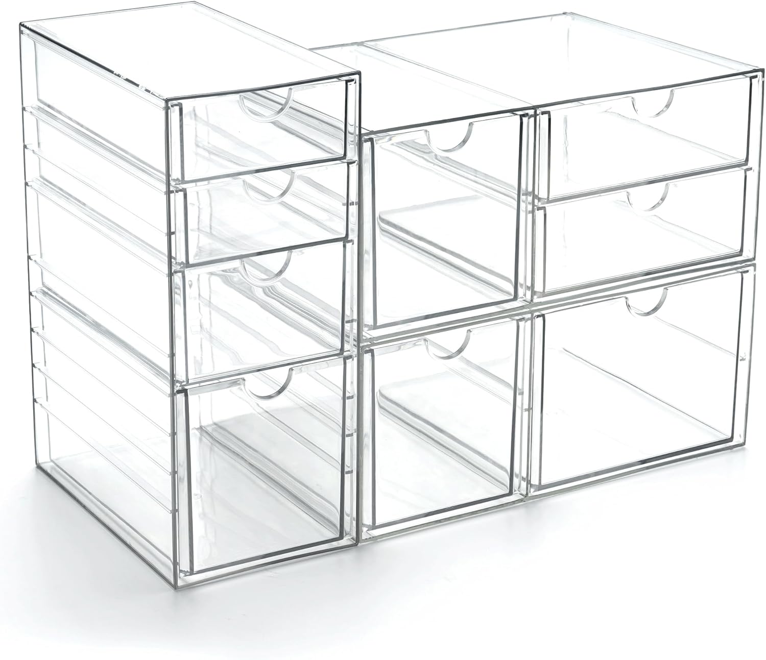 Prsildan Acrylic Drawer Makeup Organizer with 9 Drawers, Set of 3 Office Desk Organizers Accessories, Clear Stackable Storage Drawers for Vanity, Countertop, Craft, Jewelry, Art Supply Organization