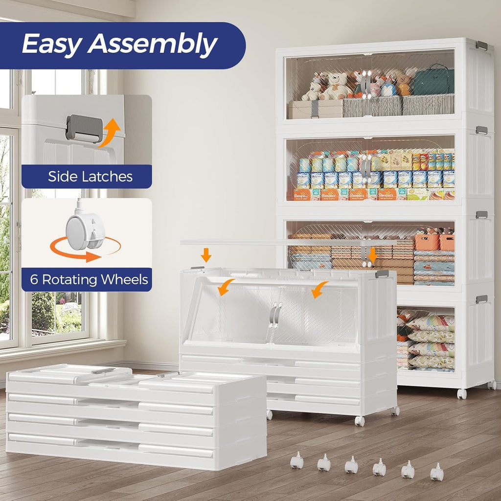 1200QT Extra Large Stackable Storage Bins with Lid, 300Gal Plastic Closet Organizers and Storage Drawer, Collapsible Cabinet Box with Wheels Clear Doors for Home Kitchen Office, 5Pack White