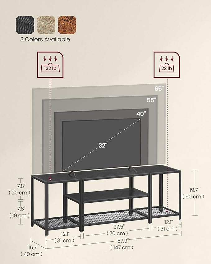 VASAGLE Modern TV Stand for TVs up to 65 Inches, 3-Tier Entertainment Center, Industrial TV Console Table with Open Storage Shelves, for Living Room, Bedroom, Black with Wood Grain ULTV097B22