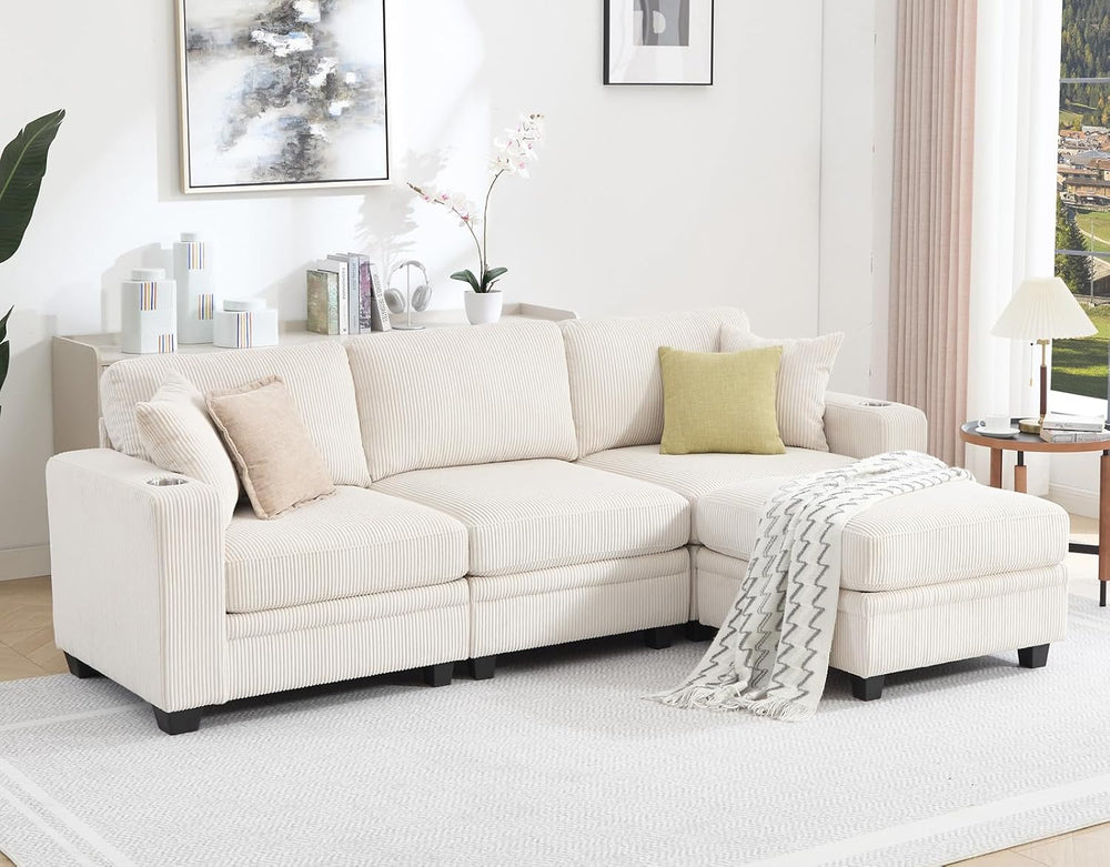 97" Modular Sectional Couch with Storage, Corduroy 3-Seater L Shaped Sof...