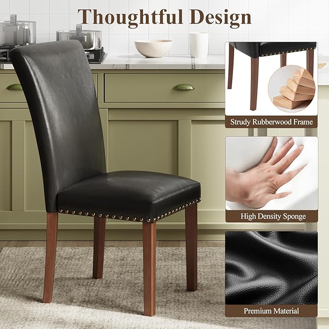 Stylish Dining Chairs Set of 2, Upholstered Parsons Dining Room Chair with Nailhead Trim, Kitchen Room Chair with Thick Cushions and Wood Legs, Nailhead Trim, Black Leather