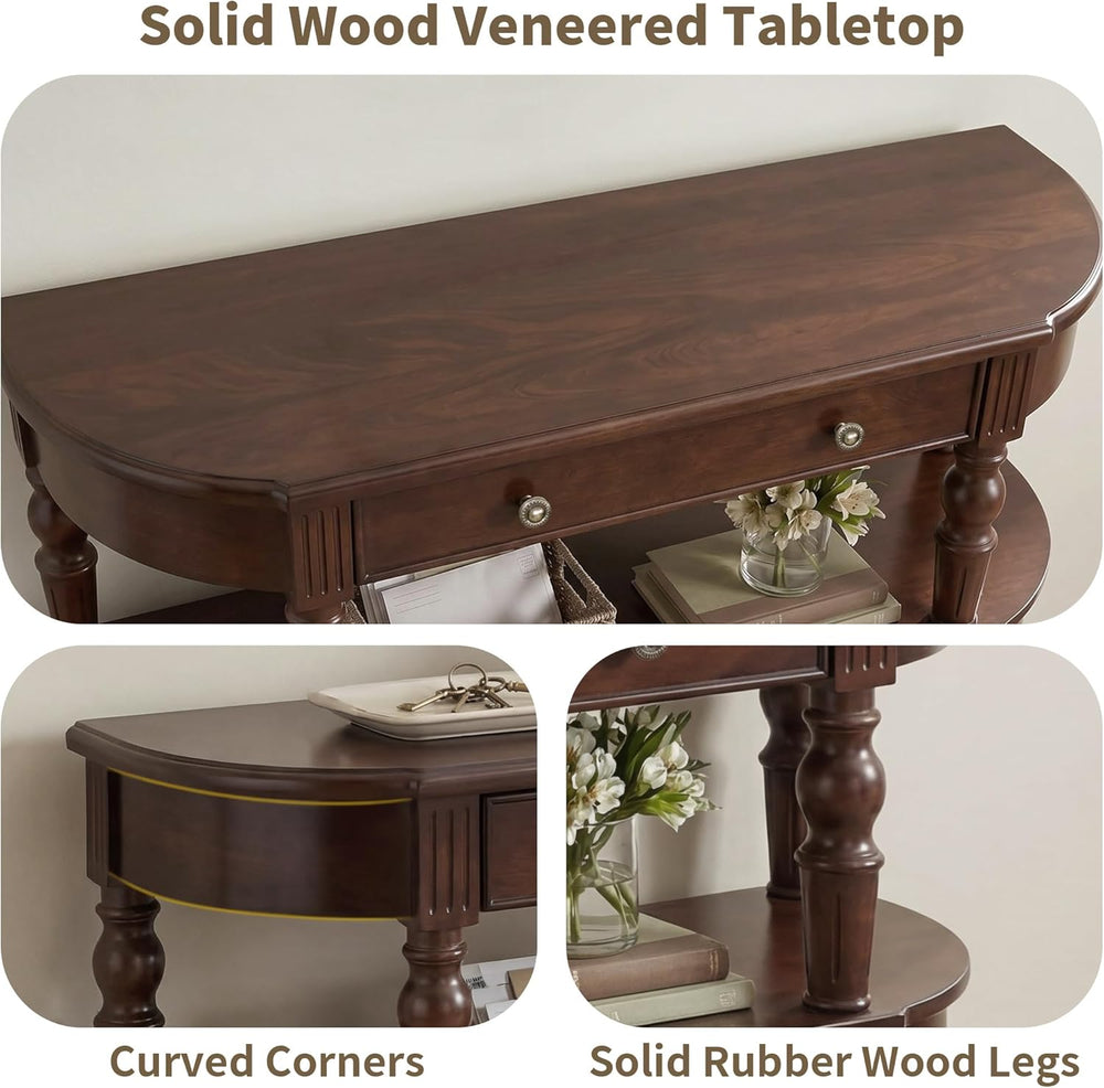 Curved Console Table with Solid Wood Legs, 47" Half Moon Sofa Table with...