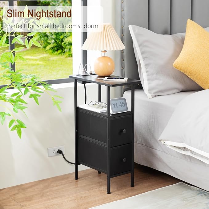 Narrow End Tables Living Room Set of 2 with Charging Station, Skinny Side Table with Fabric Drawers, Slim Nightstand for Bedroom, Small Spaces, Couch, Black, HETNDP02BK