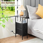 Narrow End Tables Living Room Set of 2 with Charging Station, Skinny Side Table with Fabric Drawers, Slim Nightstand for Bedroom, Small Spaces, Couch, Black, HETNDP02BK