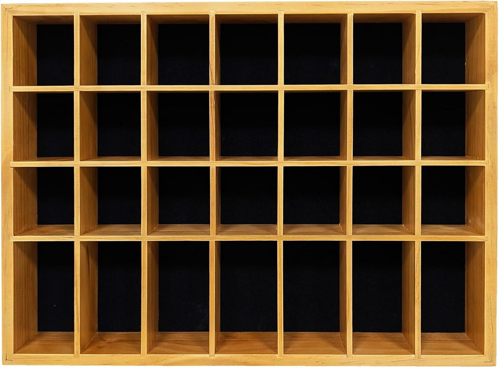 Shot Glass Display Case, Stylish Natural Varnished Glass Display Case for Display, 28 Slots Freestanding & Wall Mountable Shot Glass Holder, Perfect for Collectors - (with 1 Row for Tall Shooters)