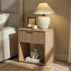 Fluted Nightstand with Drawer, Bedside Table with Faux Marble-Top, Engineered Wood Side Table with Open Shelf, Curved Corners, Metal Handle, Modern Night Stand for Bedroom, Small Spaces, Natural Oak