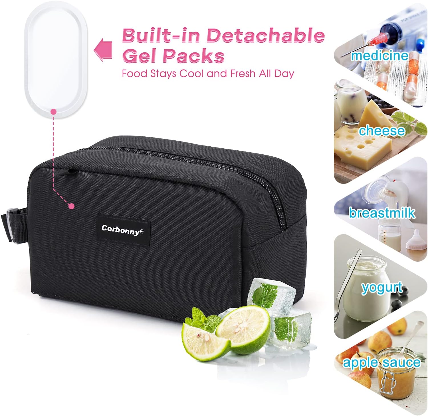 Cerbonny Cooler Bag Freezable Lunch Bag for Work School Travel,Leak-proof Small Lunch Bag,Small Insulated Bag For Kids 3+/Adults,Freezer Lunch Bags,Freezable Snack Bag,Black