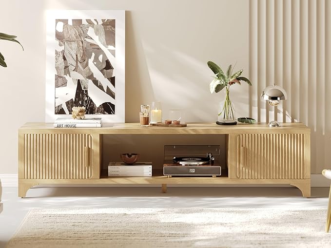 Fluted Oak TV Stands for 65/70/75 Inch TV, Boho Media Console for Living Room, TV Entertainment Center with Storage, Wood Television Cabinet for Bedroom