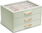 VLANDO Jewelry Box for Women, Glass Lid Jewelry Organizer with 3 Drawers for Necklaces Rings Earrings Bracelets - Sage Green