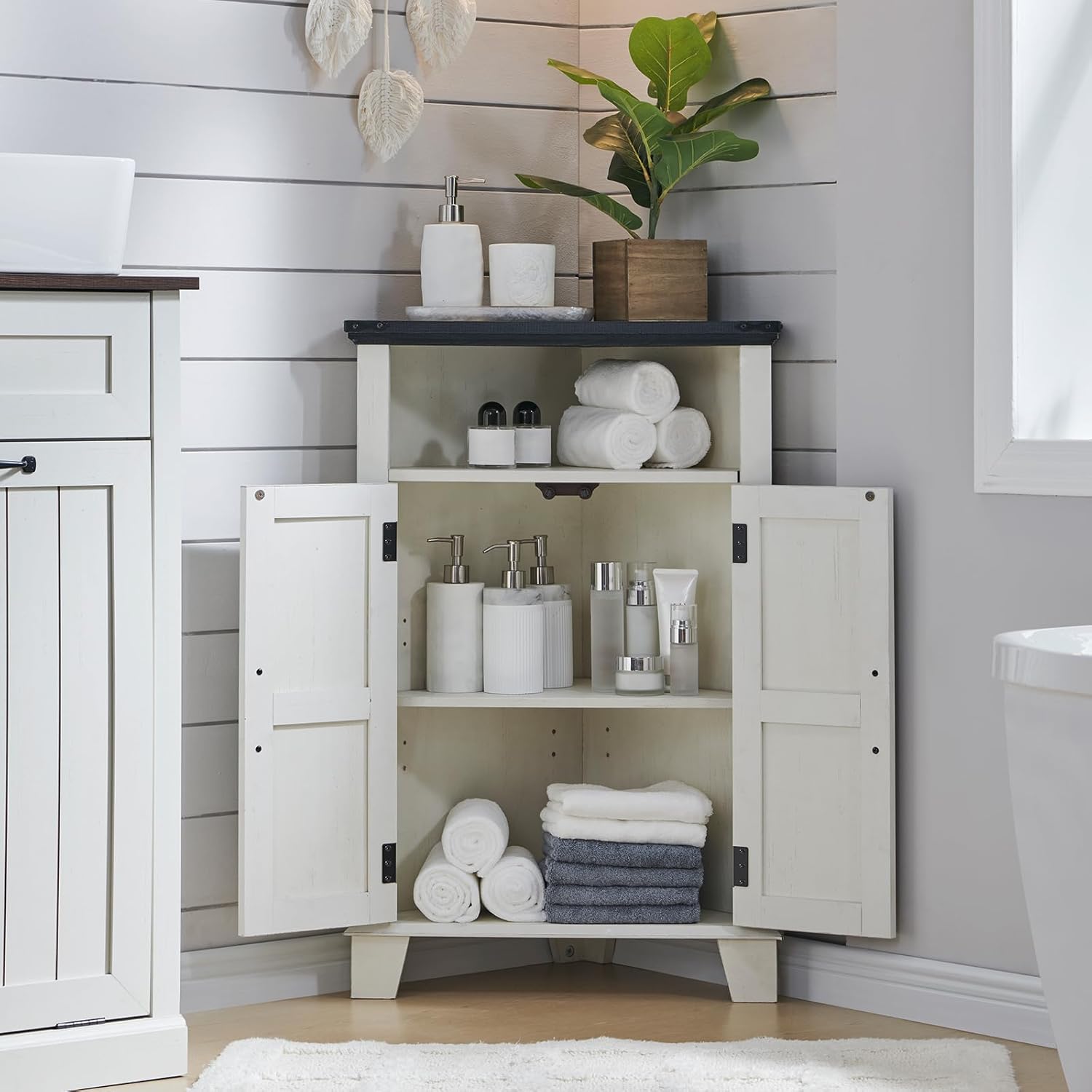 ACCOHOHO Corner Bathroom Cabinet, Farmhouse Small Corner Cabinet with Barn Door & Adjustable Shelf, Storage Cabinets for Bathroom, Kitchen, Living Room, Off White