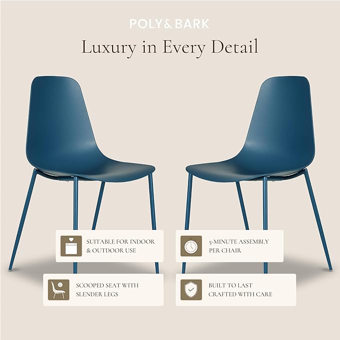 Poly & BARK Isla Modern Kitchen Chairs Set of 4 - Plastic Dining Chair with Metal Legs - Quick Assembly Simple Cafe Chairs Plastic for Indoor or Outdoor - Lago Blue