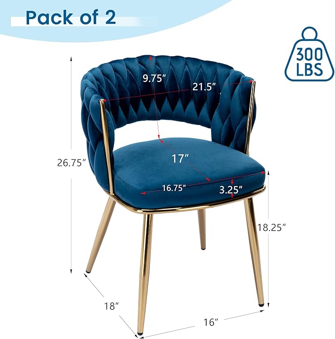 KCC Modern Velvet Dining Chairs Set of 2, Upholstered Living Room Chair with Woven Back and Golden Metal Legs, Mid-Century Accent Side Chair for Dining Room, Kitchen, Blue