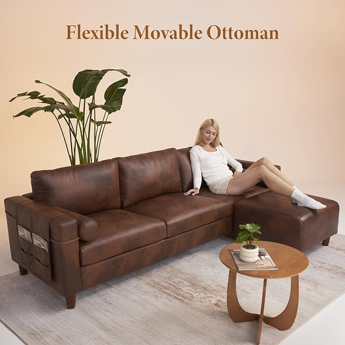 Vesgantti 100" L Shaped Faux Leather Couch with Movable Ottoman, 3 Seater PU Leather Sectional Sofa with Side Pocket, Mid Century Modern Modular Couch for Living Room, Bedroom, Chocolate