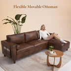 Vesgantti 100" L Shaped Faux Leather Couch with Movable Ottoman, 3 Seater PU Leather Sectional Sofa with Side Pocket, Mid Century Modern Modular Couch for Living Room, Bedroom, Chocolate