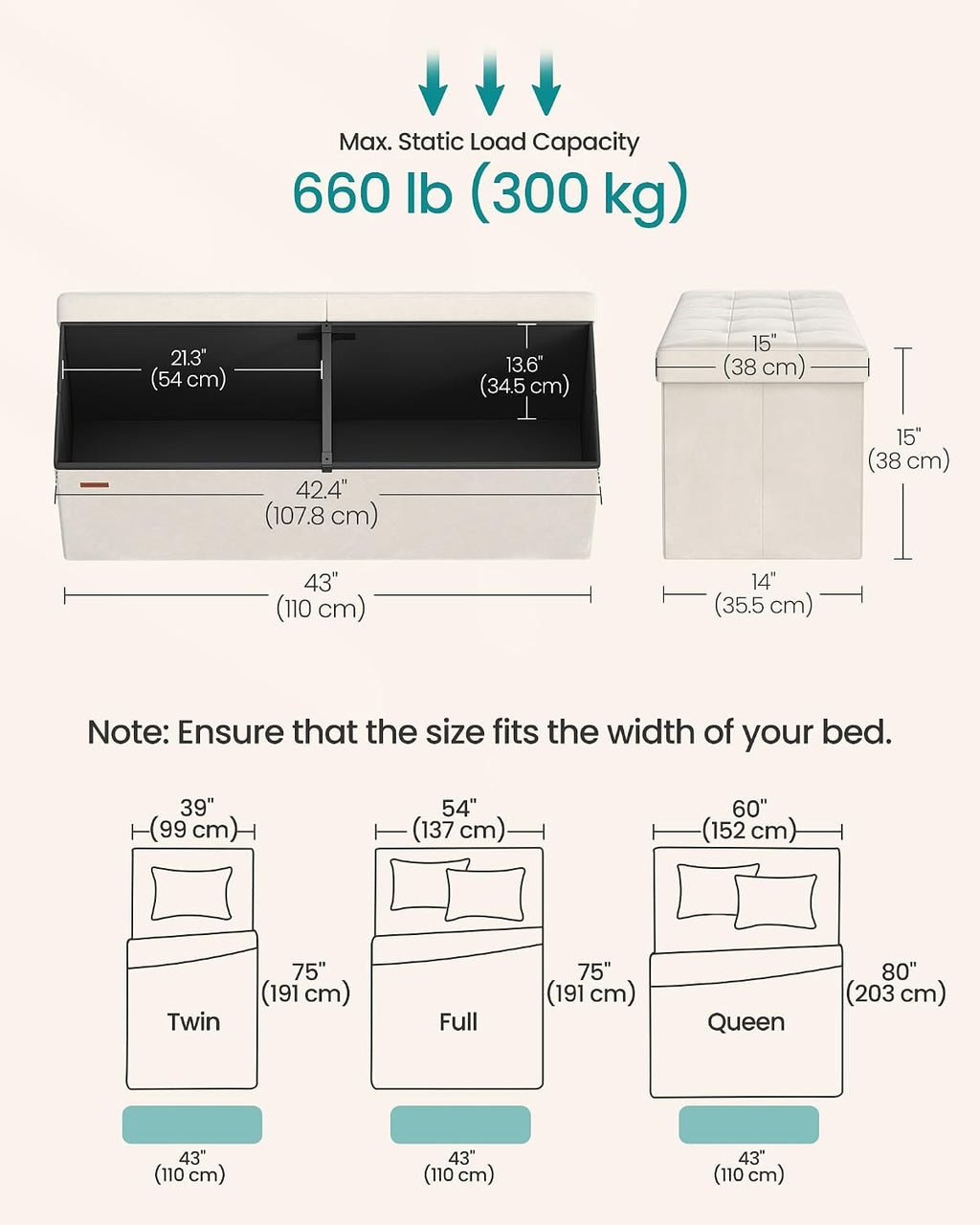 SONGMICS Mazie Collection - 43 Inches Storage Ottoman, Foldable Storage Bench with Flipping Lid, 660 lb Load Capacity, for Entryway, Living Room, Bedroom, Velvet Fabric, Cream White ULSF078LH01