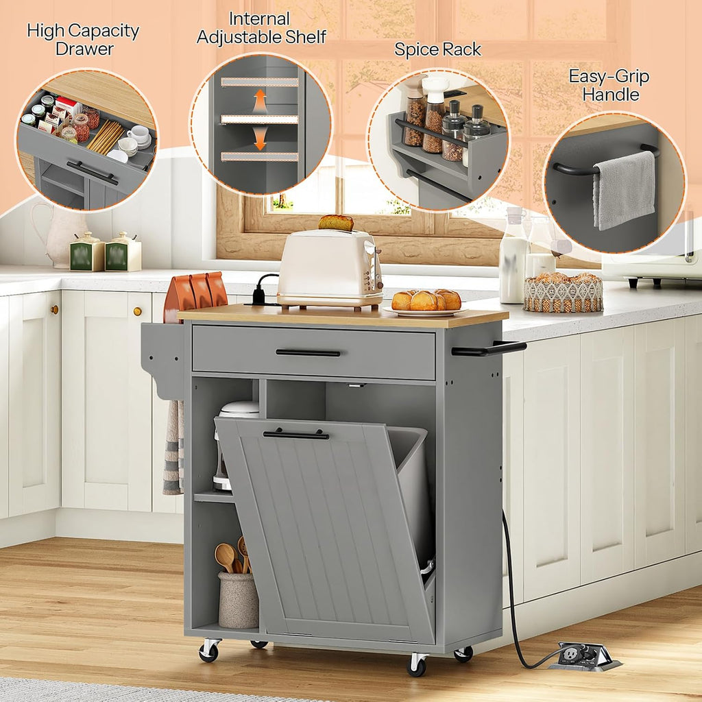 HOOBRO Kitchen Island with Trash Can Storage, Rolling Kitchen Island on Wheels, Mobile Island Cart with Power Outlet, Islands Table for 10 Gallon Garbage Bin, White and Grey GN80UZD01G1