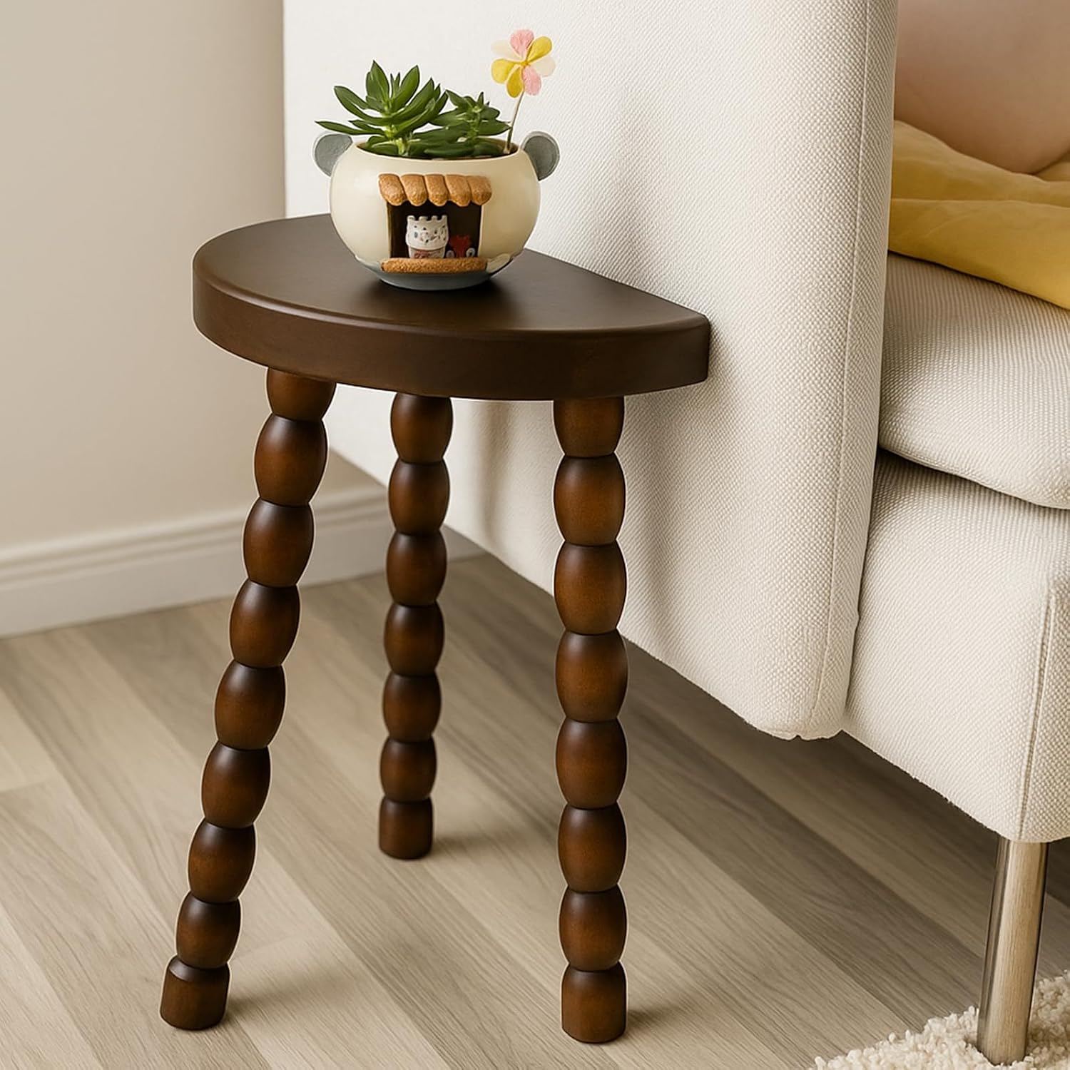 LitaEther Wooden Bobbin Side Table - Plant Stand - Half Round Table - Wooden Accent Stool- Minimalist Decorative Table for Bedroom, Hallway, Living Room (1, Walnut)