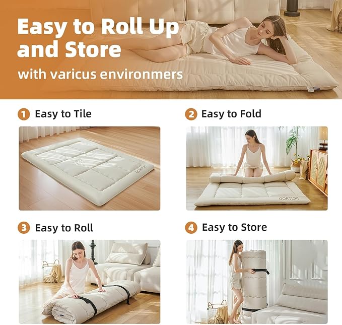 Twin Size Japanese Floor Futon Foldable Futon Mattress for Floor Tatami Mattress Portable Rollaway Bed for Guest Playmat for Kids Tatami Sleeping Pad Japanese Mattress for Adults Beige A