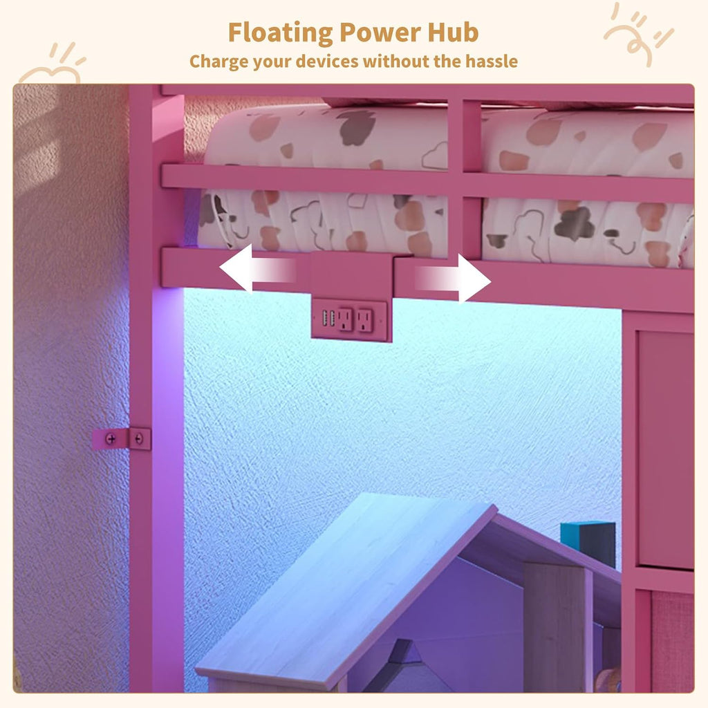 Low Loft Bed Twin Size with 13 Storage Drawers & Bookshelf, Twin Loft Bed with RGB LED Lights & Power Outlets, Metal Loft Bed with Safety Guardrail & Under-Bed Play Space, Pink