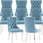 Mid Century Modern Dining Chairs Set of 8, Velvet Upholstered Kitchen & Dining Room Chairs with Nailhead Trim & Brushed Silver Metal Legs, Tufted Kitchen Chairs, Sillas De Comedor (Sky Blue, 8 Pcs)