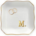 Bridal Shower Gifts for Women - 4"x4" Jewelry Dish Tray Letter M | Wedding Gifts, Engagement Gift, Initials Ceramic Personalized Ring for Women, Dish Gold Trim Design, Desk Vanity Decor