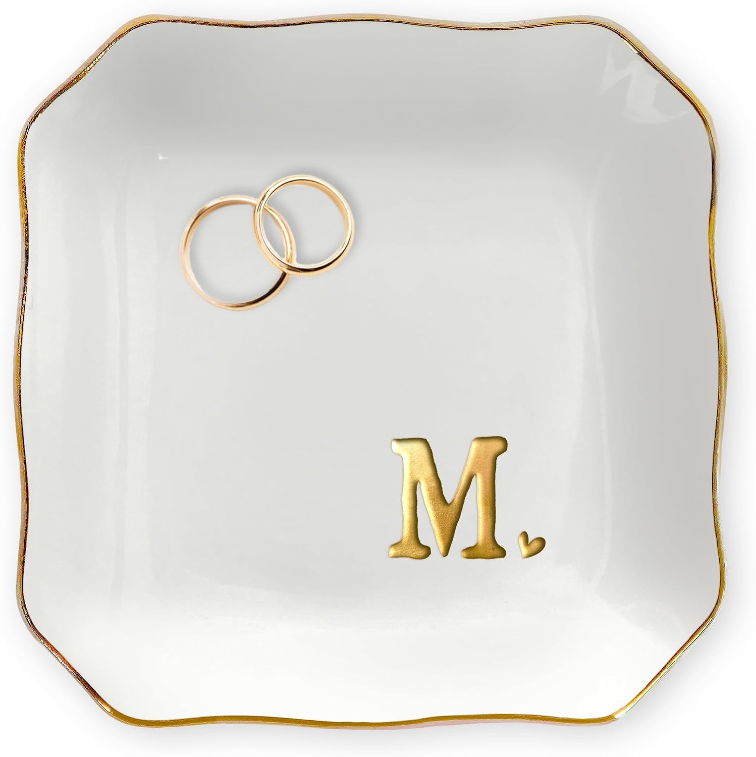 Bridal Shower Gifts for Women - 4"x4" Jewelry Dish Tray Letter M | Wedding Gifts, Engagement Gift, Initials Ceramic Personalized Ring for Women, Dish Gold Trim Design, Desk Vanity Decor