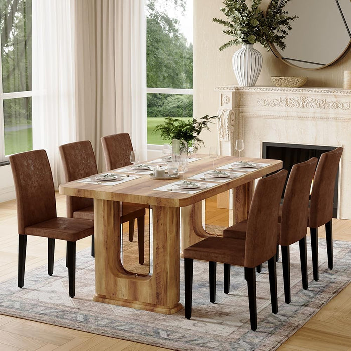64.5" Dining Room Table Set for 6, Modern Farmhouse Wood Dining Table Set with Decorative Pedestal Legs & 6 Suede Chairs,Rustic Brown Kitchen Table Set for Kitchen, Easy Assembly