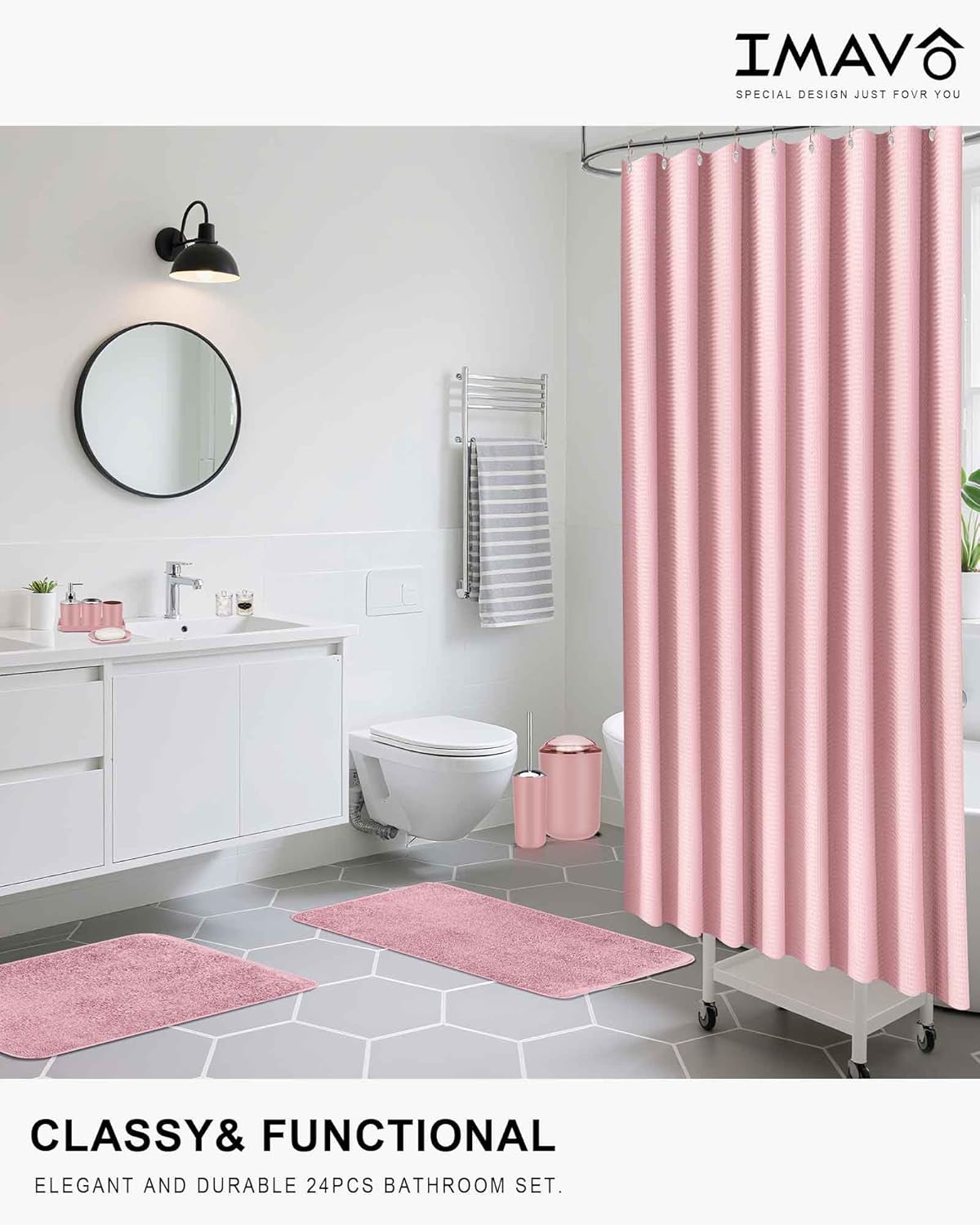 IMAVO Pink Bathroom Accessories,Non Slip Super Absorbent Rugs and Waterproof Shower Curtain with Hooks,Complete Bathroom Set for Bathroom Décor